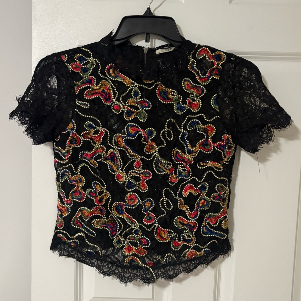 Zara Black Lace Blouse with Multicolor Embroidery